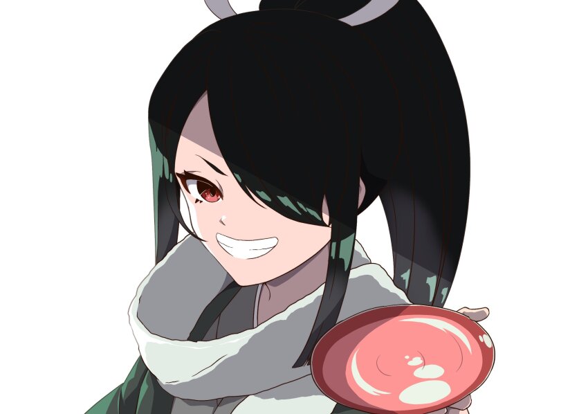 1girl, alcohol, black_hair, cup, green_kimono, grin, hair_ribbon, highres