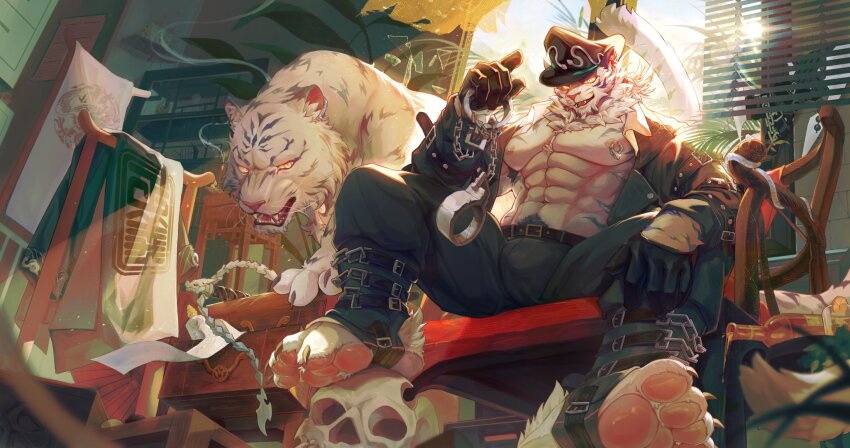 1boy, abs, animal_ears, bara, black_gloves, black_headwear, black_pants, black_suit