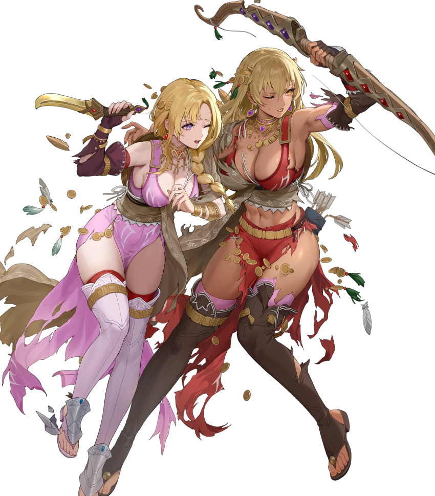 2girls, armpits, blonde_hair, bow_(weapon), breasts, brown_thighhighs, cleavage, dagger