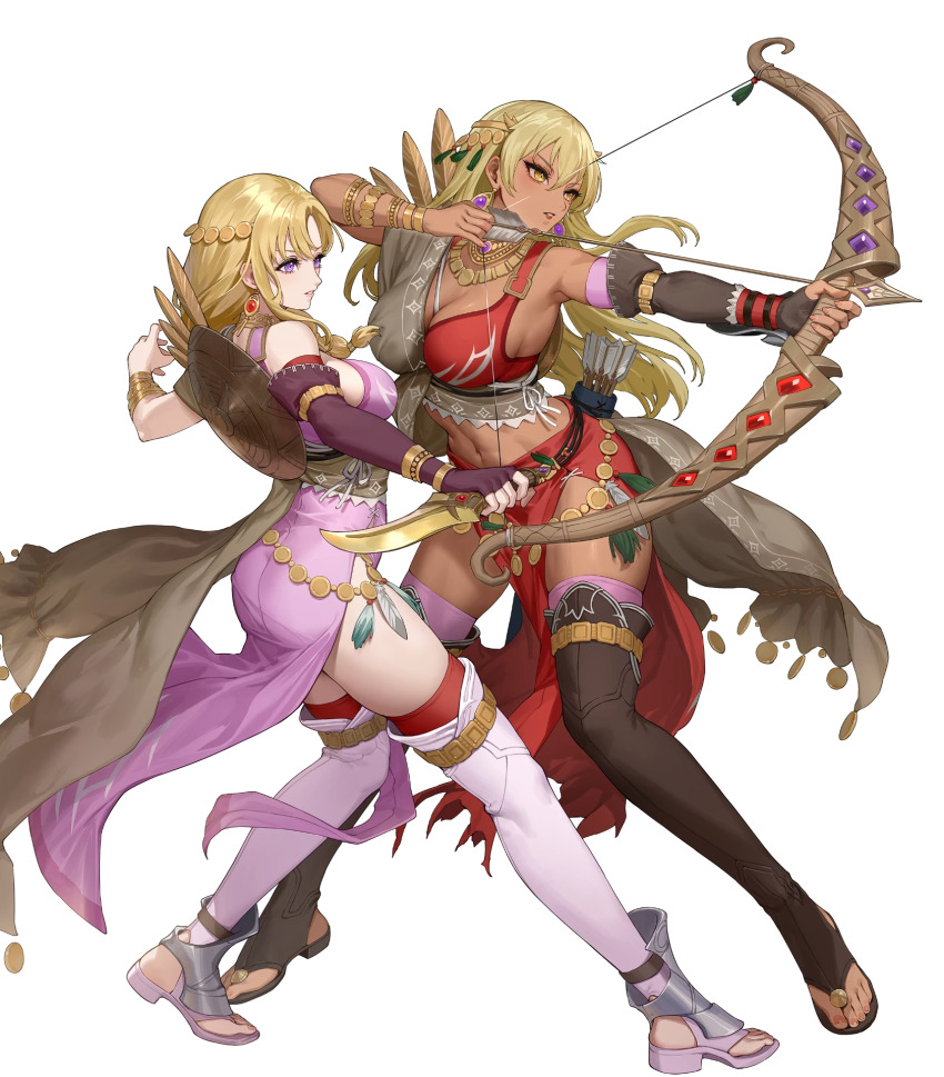 2girls, aiming, ass, attack, blonde_hair, blue_eyes, bow_(weapon), breasts, brown_thighhighs, cleavage, dark-skinned_female, dark_skin, drawing_bow, earrings, ekao, fire_emblem, fire_emblem:_the_binding_blade, fire_emblem:_the_blazing_blade, fire_emblem_heroes, hair_ornament, highres, holding, holding_bow_(weapon), holding_weapon, igrene_(fire_emblem), igrene_(sworn_protector)_(fire_emblem), jewelry, large_breasts, lipstick, long_hair, looking_at_viewer, louise_(fire_emblem), louise_(sworn_protector)_(fire_emblem), makeup, medium_breasts, multiple_girls, navel, necklace, nintendo, non-web_source, official_alternate_costume, official_art, pelvic_curtain, red_lips, red_thighhighs, tassel, tassel_hair_ornament, thighhighs, toeless_footwear, toeless_legwear, weapon, yellow_eyes