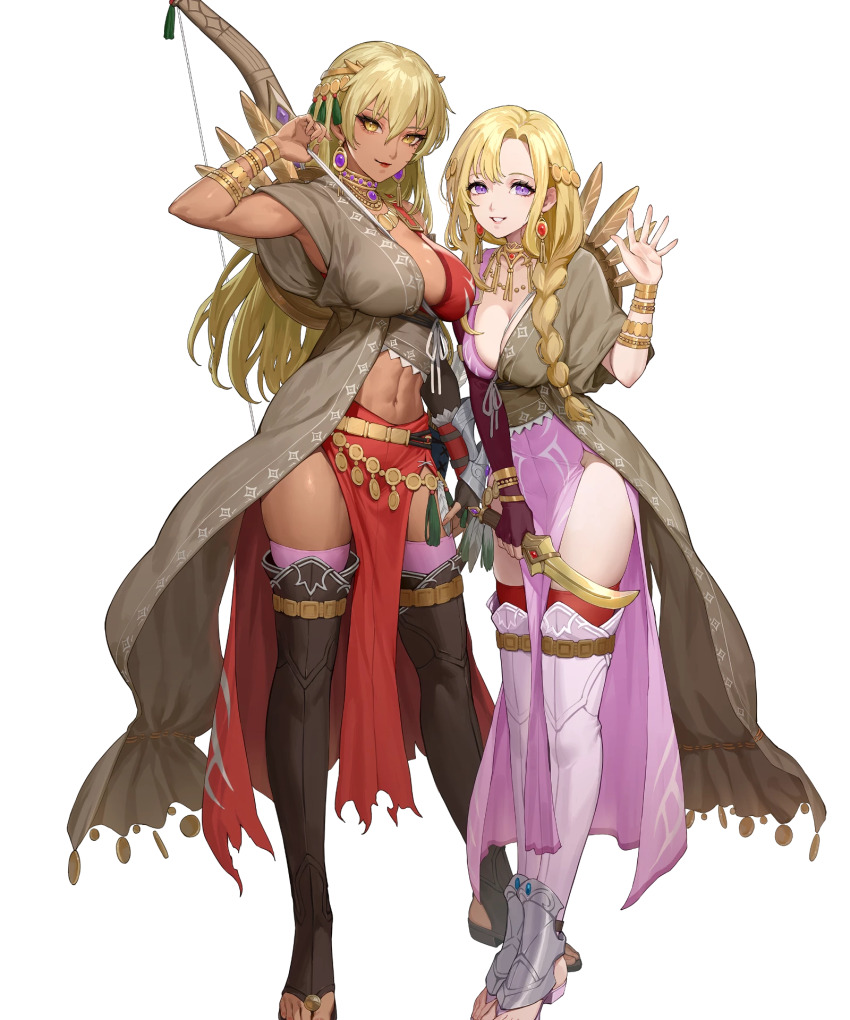 2girls, abs, armor, blonde_hair, blue_eyes, boots, bow_(weapon), breasts