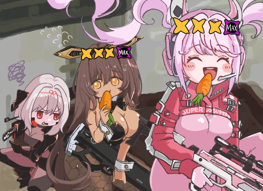 1girl, 3girls, :d, alice_(nikke), animal_ear_headphones, animal_ears, aoi_kili, armored_bodysuit