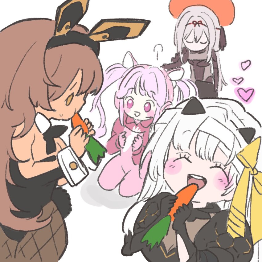 1girl, 4girls, :d, alice_(nikke), animal_ear_headphones, animal_ears, aoi_kili, armored_bodysuit