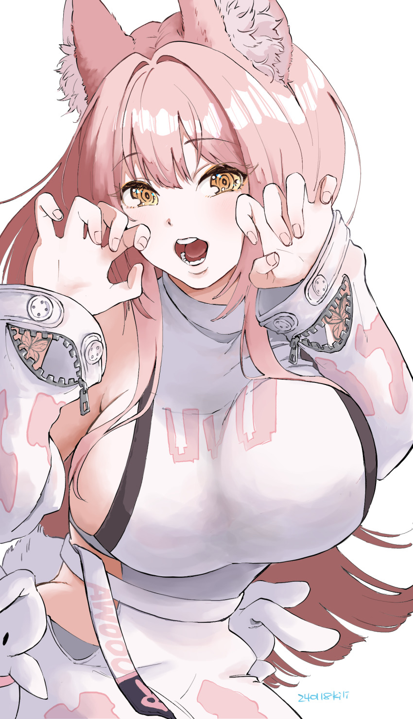 1girl, :o, absurdres, animal_ear_fluff, animal_ears, aoi_kili, bare_shoulders, black_sports_bra