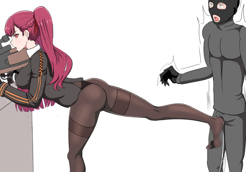 1boy, 1girl, ball_busting, breasts, crotch_kick, feet, finger_on_trigger, girls'_frontline, gun, kicking, long_hair, mask, medium_breasts, multitasking, no_pants, no_shoes, pantyhose, purple_hair, rifle, scope, ski_mask, thighband_pantyhose, thong, wa2000_(girls'_frontline), weapon