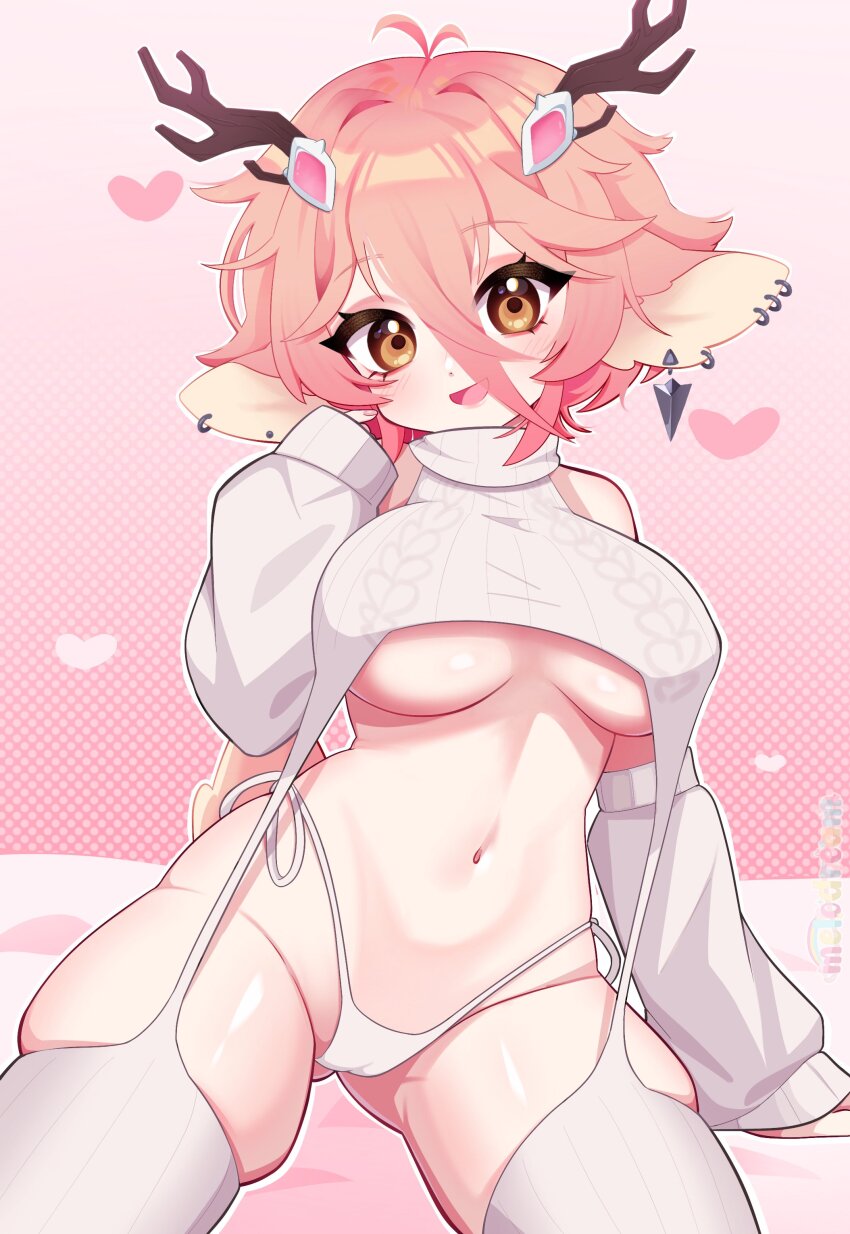 1girl, absurdres, ahoge, animal_ears, blush, branch_horns, breasts, commission