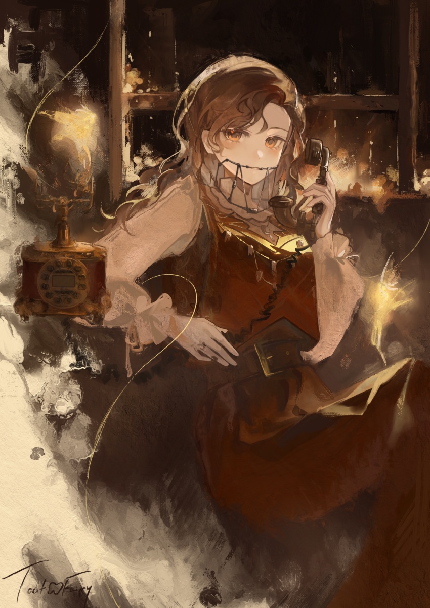 1girl, absurdres, antique_phone, belt, blinklikeer, braces, brown_dress, brown_eyes