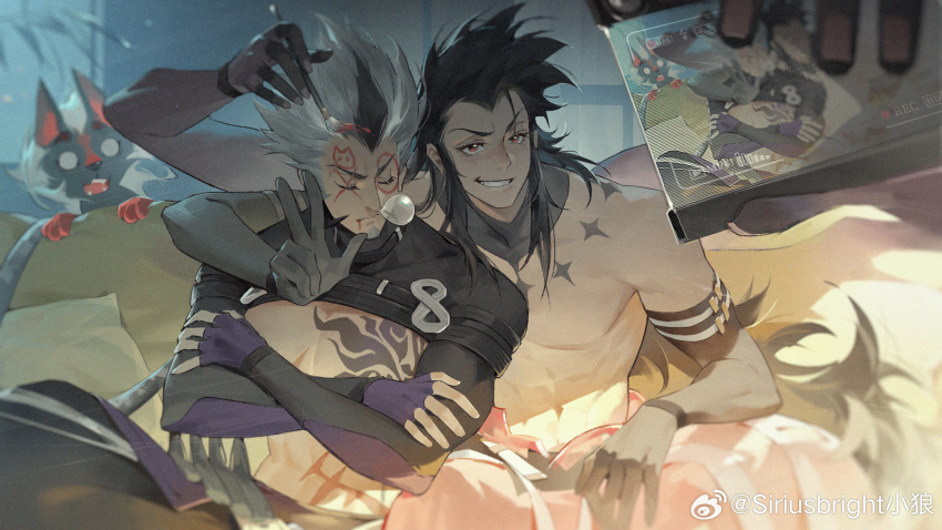 2boys, abs, bara, black_gloves, black_hair, calligraphy_brush, chinese_commentary, commentary_request