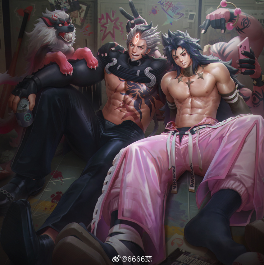 2boys, 6suan, abs, absurdres, arm_around_shoulder, bara, baseball_bat, black_footwear