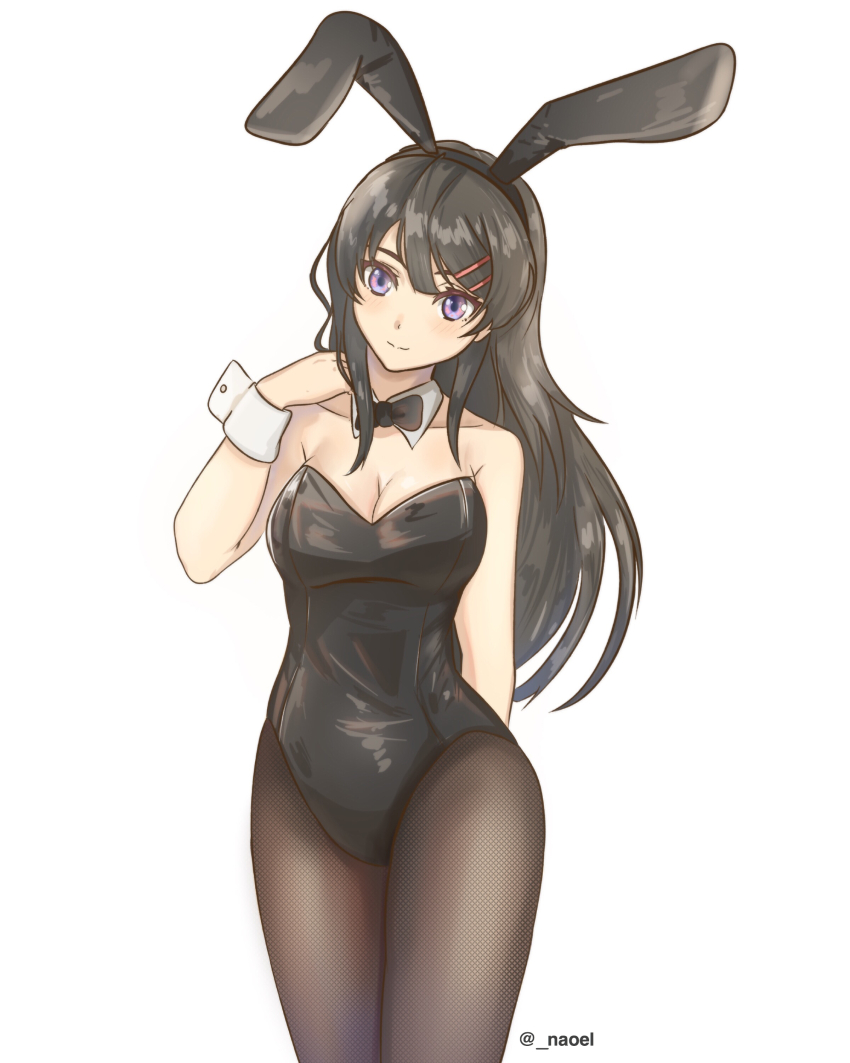 1girl, absurdres, animal_ears, black_hair, bow, breasts, cleavage, detached_collar, fake_animal_ears, hair_ornament, hairclip, highres, large_breasts, long_hair, looking_at_viewer, medium_breasts, naoel_(naoel_art), pantyhose, playboy_bunny, rabbit_ears, sakurajima_mai, seishun_buta_yarou, smile, solo