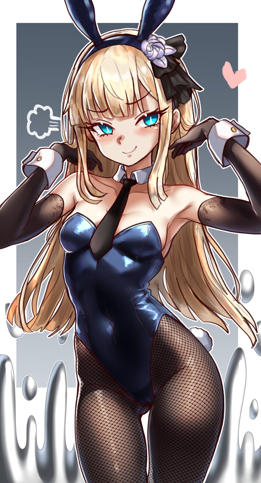 1girl, absurdres, animal_ears, armpit_crease, armpit_peek, armpits, arms_up, bare_shoulders, between_breasts, black_gloves, black_necktie, black_pantyhose, blonde_hair, blue_leotard, blunt_bangs, blush, border, breasts, cleavage, collarbone, covered_navel, detached_collar, ebora, elbow_gloves, fake_animal_ears, fate/grand_order, fate_(series), fishnet_pantyhose, fishnets, flower_ornament, frilled_headwear, frills, gloves, gluteal_fold, green_eyes, headband, highleg, highleg_leotard, highres, leotard, long_hair, lord_el-melloi_ii_case_files, medium_breasts, mercury_(element), naughty_face, necktie, necktie_between_breasts, pantyhose, playboy_bunny, print_gloves, rabbit-ear_headwear, rabbit_ears, rabbit_tail, reines_el-melloi_archisorte, sidelocks, skin_tight, smile, solo, strapless, strapless_leotard, tail, the_adventures_of_lord_el-melloi_ii, white_border, white_wrist_cuffs, wrist_cuffs