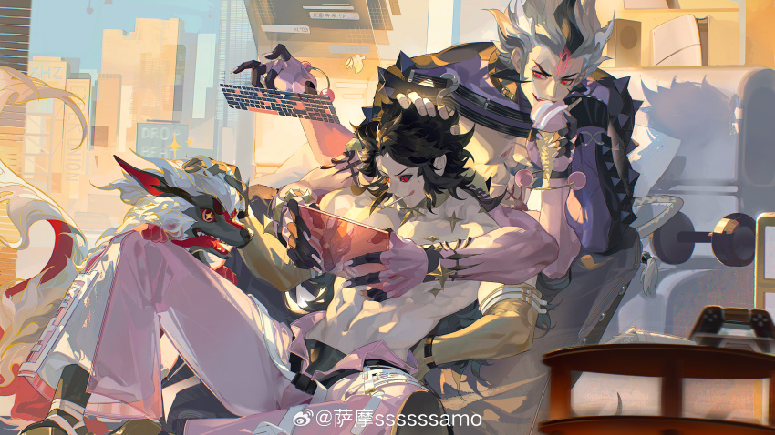 3boys, abs, absurdres, bara, black_hair, black_sclera, chinese_commentary, colored_sclera