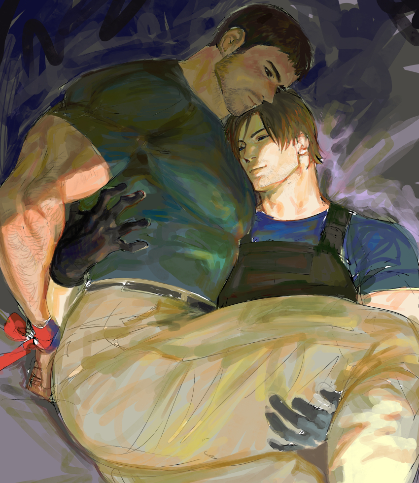 123456dyom, 2boys, absurdres, arms_behind_back, bara, black_gloves, black_hair, blue_shirt, bound, bound_wrists, brown_hair, brown_pants, bulletproof_vest, chris_redfield, closed_mouth, face_to_pecs, facial_hair, gloves, green_shirt, highres, large_pectorals, leon_s._kennedy, looking_at_another, male_focus, multiple_boys, muscular, muscular_male, painterly, pants, pectorals, resident_evil, resident_evil_6, shirt, short_hair, smile, yaoi