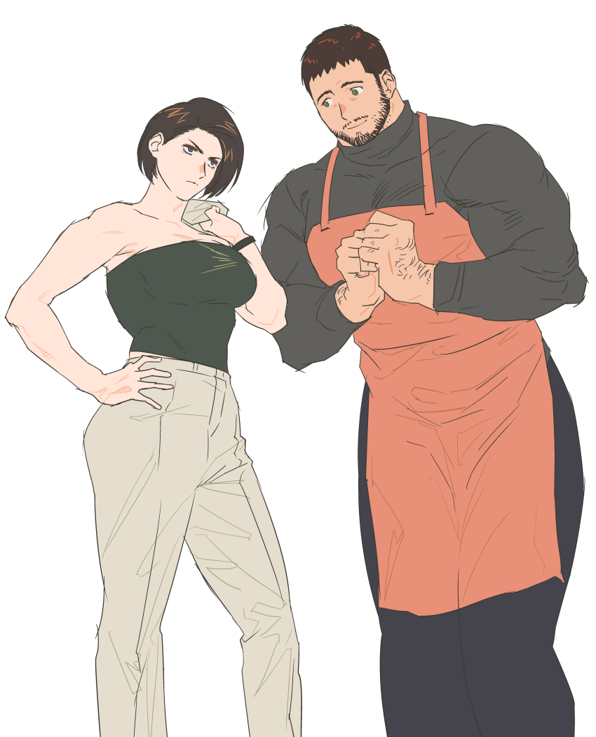 123456dyom, 1boy, 1girl, absurdres, apron, bara, black_hair, black_pants
