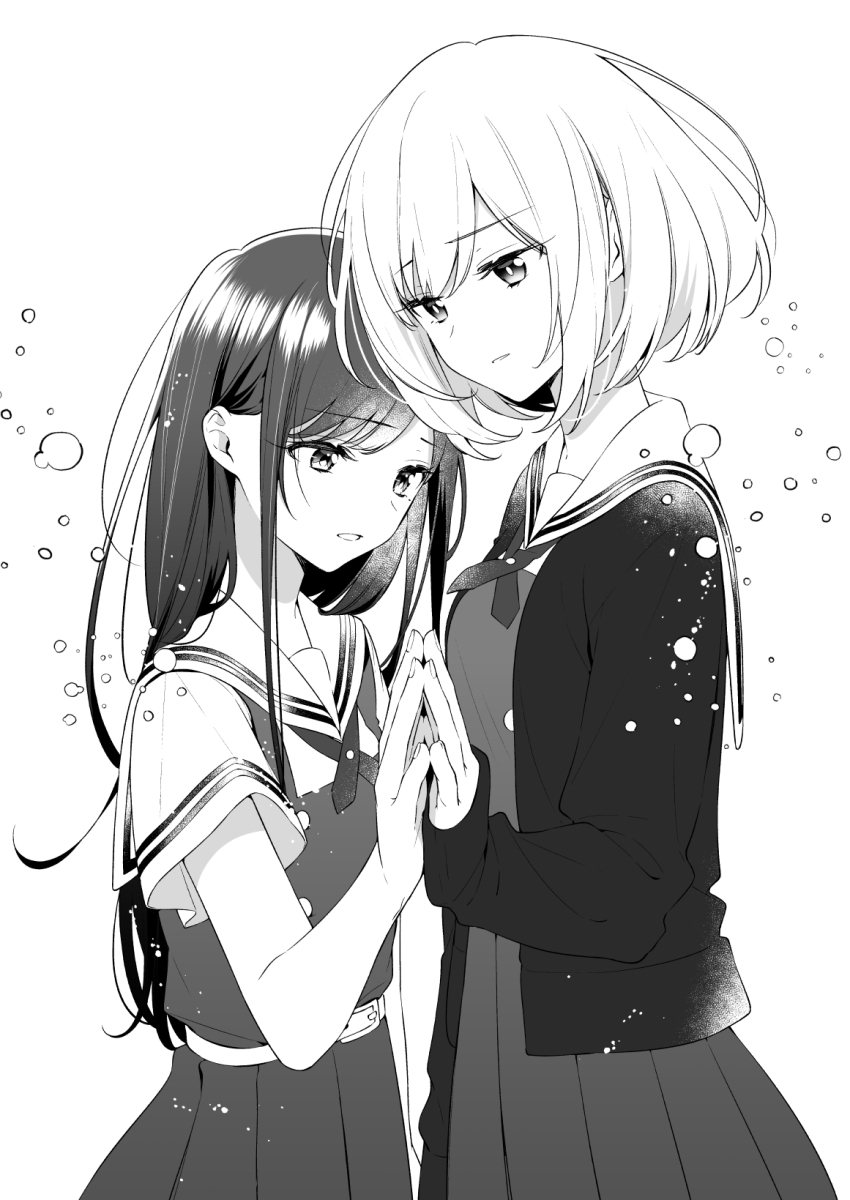 2girls, asaka_kaori, bubble, cardigan, commentary_request, cowboy_shot, dress, greyscale