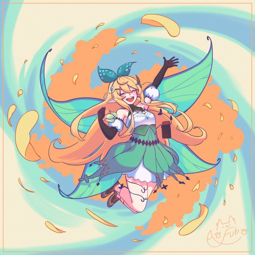 1girl, aqua_bow, black_gloves, blonde_hair, bow, brown_footwear, closed_eyes, detached_sleeves