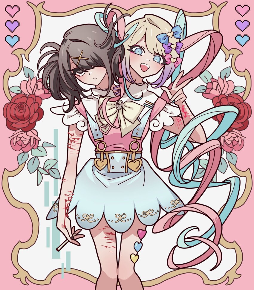 2girls, :d, ame-chan_(needy_girl_overdose), black_hair, bleeding, blonde_hair, blood, blood_on_arm, blue_bow, blue_eyes, blue_hair, blue_skirt, border, bow, chou_ame-chan_(needy_girl_overdose), chouzetsusaikawa_tenshi-chan, cigarette, collared_shirt, conjoined, cuts, dual_persona, feet_out_of_frame, flower, fusion, hair_bow, hair_ornament, hair_over_one_eye, hand_up, heart, highres, holding, holding_cigarette, injury, long_hair, looking_at_viewer, meremero, multicolored_hair, multiple_girls, nail_polish, needy_girl_overdose, official_alternate_costume, open_mouth, outside_border, pink_blood, pink_border, pink_bow, pink_flower, pink_hair, pink_rose, pink_shirt, purple_bow, quad_tails, red_flower, red_rose, rose, scar, scar_on_arm, self-harm, self-harm_scar, shirt, skirt, smile, standing, suspender_skirt, suspenders, twintails, w, wrist_cutting, x_hair_ornament
