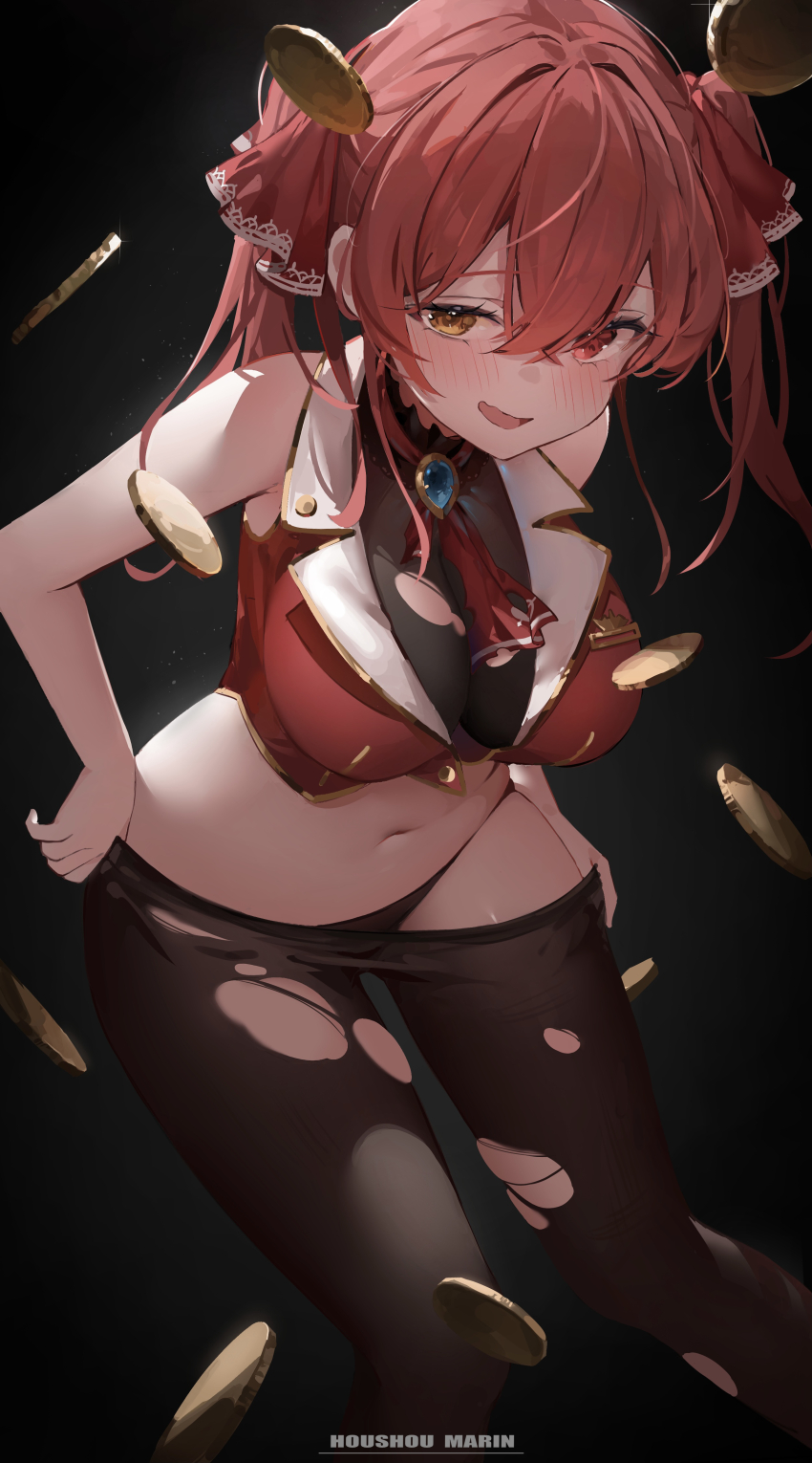 1girl, :d, absurdres, amiamie, ascot, bare_arms, bare_shoulders, black_panties, blush, breasts, brooch, character_name, clothes_pull, coin, commentary, hair_between_eyes, hair_ribbon, heterochromia, highres, hololive, houshou_marine, houshou_marine_(1st_costume), jewelry, large_breasts, long_hair, looking_at_viewer, midriff, navel, open_mouth, panties, panties_under_pantyhose, pantyhose, pantyhose_pull, red_ascot, red_eyes, red_ribbon, ribbon, smile, solo, torn_ascot, torn_clothes, torn_pantyhose, twintails, underwear, virtual_youtuber, yellow_eyes