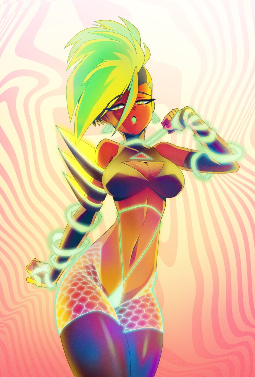 1girl, absurdres, alternate_eye_color, alternate_hair_color, asymmetrical_hair, big_hair, black_thighhighs, breasts