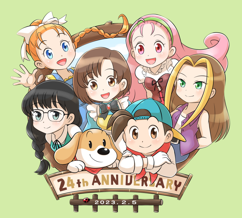 1boy, 5girls, :d, absurdres, ahoge, anniversary, aogaeru_(pixiv46613656), apron