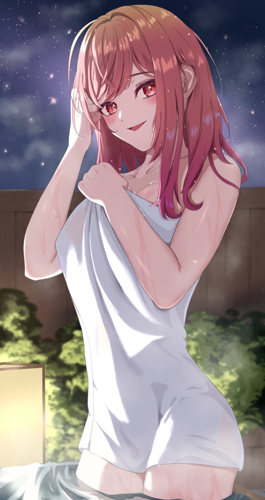 1girl, ahoge, bare_shoulders, blush, breasts, collarbone, fence, hand_to_head, highres, holding, holding_towel, hololive, hololive_dev_is, ichijou_ririka, lamp, large_breasts, long_hair, looking_at_viewer, naked_towel, night, nmhdtnr1, onsen, orange_eyes, orange_hair, outdoors, parted_lips, partially_submerged, sky, smile, solo, star_(sky), starry_sky, steam, towel, virtual_youtuber, water, wet, wooden_fence