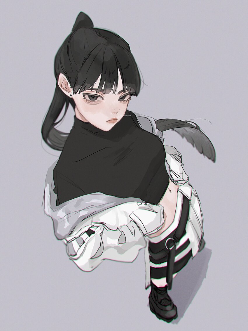 1girl, aegyo_sal, black_eyes, black_footwear, black_hair, black_shirt, breasts, chromatic_aberration, closed_mouth, cloud_nine_inc, commentary, crop_top, cropped_shirt, earrings, floating_hair, grey_background, hands_in_pockets, highres, jacket, jewelry, looking_at_viewer, medium_breasts, midriff, navel, off_shoulder, open_clothes, open_jacket, ponytail, shadow, shirt, simple_background, skirt, solo, stud_earrings, utaite, white_jacket, white_skirt, yoshino_(utaite), yurosuke