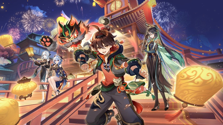 1boy, 3girls, absurdres, ahoge, aqua_hair, bare_legs, black_dress, black_hair