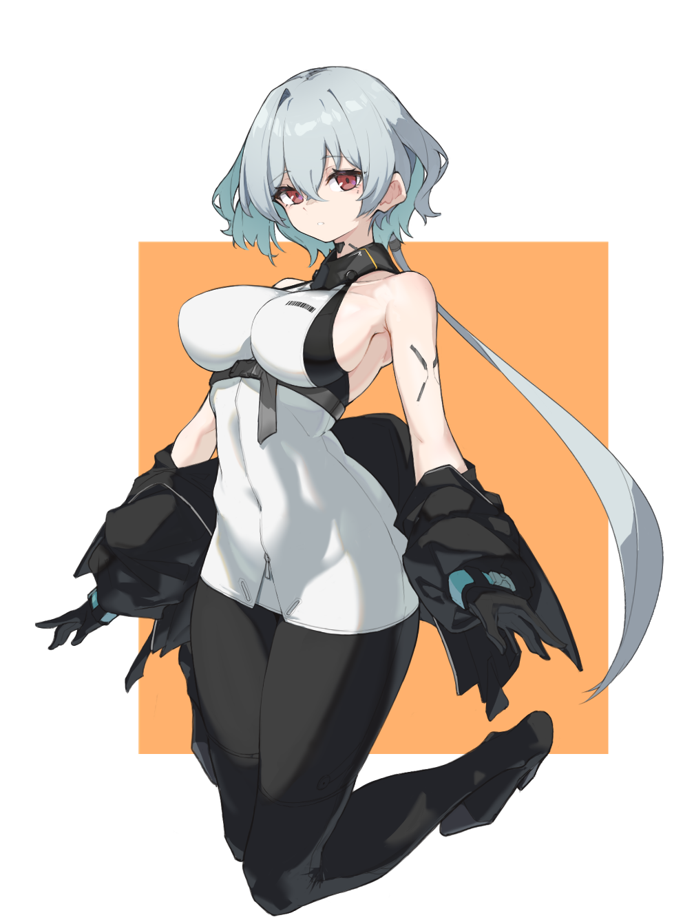 1girl, black_boots, black_gloves, black_jacket, black_pantyhose, blue_hair, boots, breasts