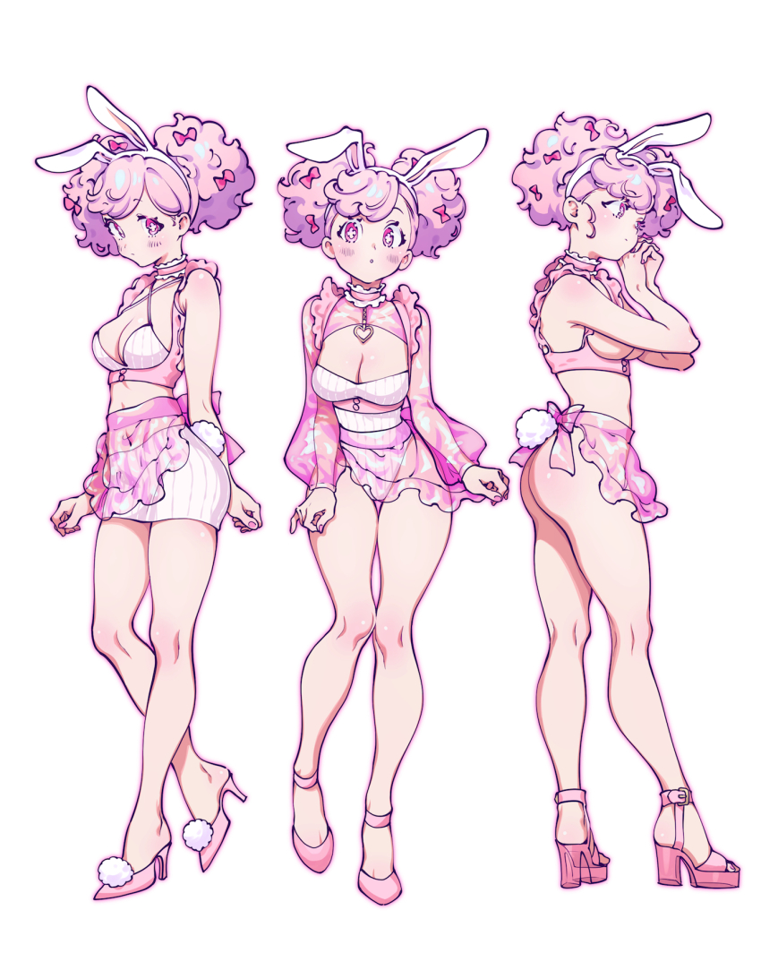 1girl, :o, animal_ears, apron, back_bow, belt, blush, bomhat, bottomless, bow, bra, choker, closed_mouth, commentary, criss-cross_halter, crop_top, curly_hair, english_commentary, eyelashes, fake_animal_ears, flower-shaped_pupils, frilled_choker, frills, full_body, hair_bow, hairband, halterneck, head_tilt, heart_pendant, high-waist_shorts, high_heels, highres, long_sleeves, looking_ahead, looking_at_viewer, midriff, miniskirt, multiple_views, nail_polish, no_bra, original, own_hands_together, pencil_skirt, pink_apron, pink_bow, pink_eyes, pink_hair, pink_nails, pink_sandals, pink_shoes, pink_theme, pom_pom_footwear, puffy_long_sleeves, puffy_sleeves, rabbit_ears, sandals, see-through_clothes, see-through_sleeves, shoes, short_hair, short_shorts, shorts, shrug_(clothing), simple_background, skirt, sleeveless, standing, standing_on_one_leg, symbol-shaped_pupils, twintails, underwear, waist_apron, white_background, white_bra, white_shorts, white_skirt