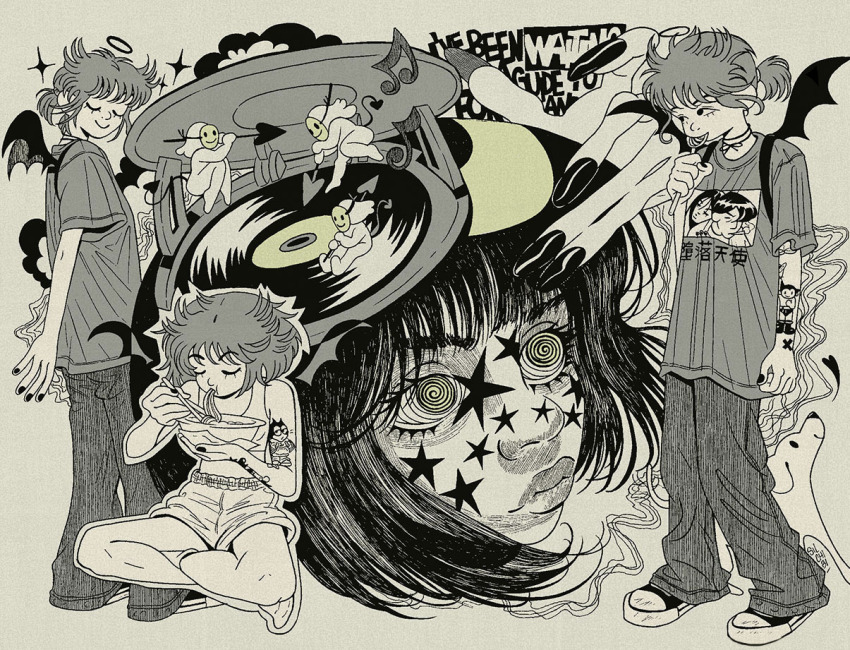 2girls, 3others, @_@, arm_tattoo, black_hair, black_nails, candy, closed_eyes