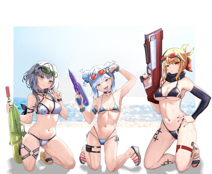 3girls, absurdres, adjusting_eyewear, alternate_costume, alternate_hairstyle, arm_strap, beach, bikini, black_bikini, blonde_hair, blue_bikini, blue_hair, border, bracelet, breasts, candy, detached_sleeves, double_bun, eyewear_on_head, feet, food, food_in_mouth, grey_hair, hair_bun, hair_ribbon, hammer, highres, holding, holding_candy, holding_food, holding_lollipop, holding_water_gun, holoh3roes, hololive, hololive_indonesia, jewelry, kaela_kovalskia, kneeling, kobo_kanaeru, lollipop, long_hair, looking_at_viewer, medium_breasts, medium_hair, multi-strapped_bikini_bottom, multiple_girls, ocean, pouch, raikkonen, red_ribbon, ribbon, sandals, scarf, short_hair_with_long_locks, sidelocks, single_detached_sleeve, sky, small_breasts, sun, swimsuit, thigh_pouch, thigh_strap, vestia_zeta, virtual_youtuber, water_gun, wet, white_bikini, white_border