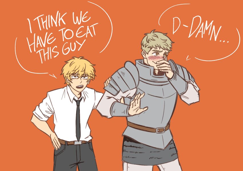 2boys, absurdres, armor, belt, black_necktie, black_pants, blonde_hair, blush