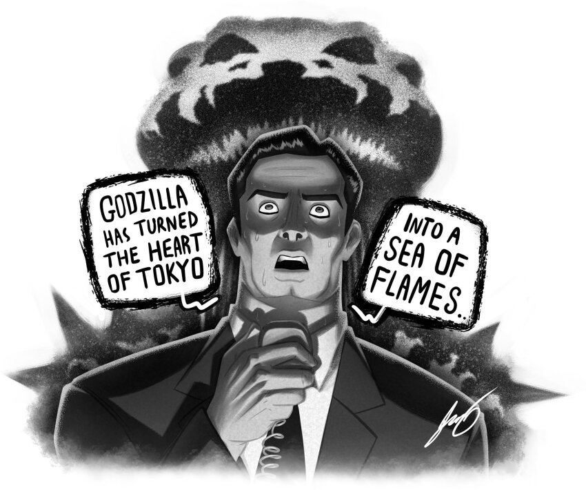 1boy, business_suit, dinosaur, english_text, explosion, formal_clothes, godzilla, godzilla:_king_of_the_monsters_(u.s._gojira_edit), godzilla_(1954_movie), godzilla_(series), highres, kaiju, looking_at_viewer, microphone, monochrome, monster, mushroom_cloud, necktie, nuclear_explosion, open_mouth, pyrasterran, sea_monster, sharp_teeth, signature, speech_bubble, spikes, steve_martin_(godzilla), suit, sweat, teeth, toho