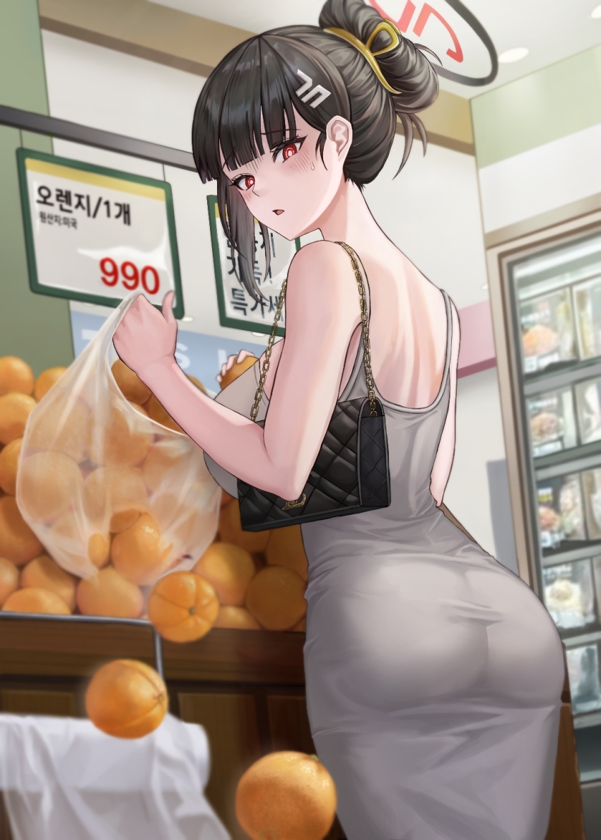 1girl, alternate_hairstyle, ass, bag, black_hair, blue_archive, blush, breasts, dongtan_dress, dress, food, fruit, grey_dress, hair_ornament, hairpin, halo, highres, impossible_clothes, impossible_dress, indoors, kama_(kama_ovo), korean_text, large_breasts, long_hair, mandarin_orange, plastic_bag, red_eyes, rio_(blue_archive), short_hair, shoulder_bag, solo, taut_clothes, taut_dress