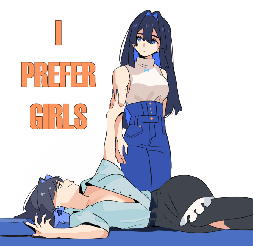 2girls, blue_eyes, blue_hair, blue_nails, blue_pants, book_cover_redraw, bow, bow_earrings