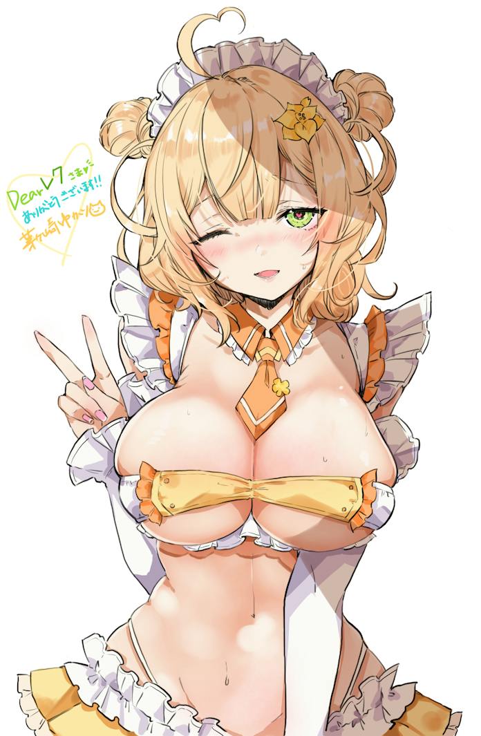 1girl, ahoge, anto_mel, bandeau, blonde_hair, blush, breasts, chigasaki_yukari