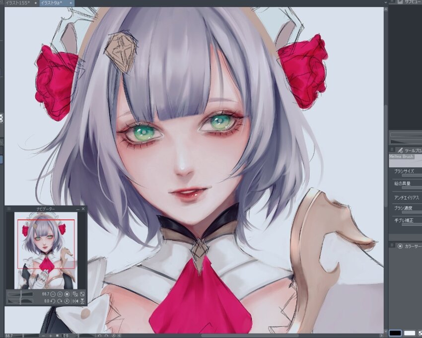 1girl, armor, art_program_in_frame, ascot, flower, genshin_impact, gloves, green_eyes