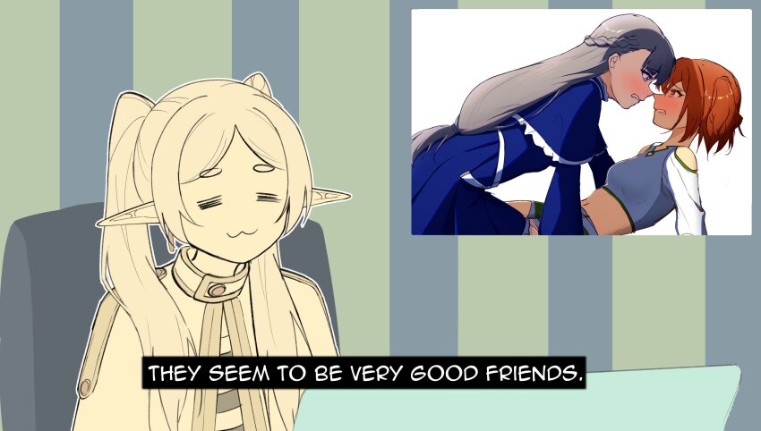 3girls, :3, =_=, blush, breasts, brown_eyes, brown_hair, elf