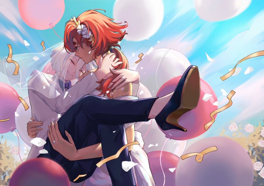 2girls, balloon, blue_sky, bow, bowtie, bridal_veil, carrying, closed_eyes, cloud, commentary, confetti, dark-skinned_female, dark_skin, day, dress, english_commentary, female_focus, formal_clothes, green_eyes, gundam, gundam_suisei_no_majo, head_wreath, high_heels, highres, jewelry, long_hair, looking_at_another, miorine_rembran, mng_srmo, multiple_girls, outdoors, pants, petals, ponytail, princess_carry, red_hair, ring, shoes, short_hair, sky, smile, suit, suletta_mercury, thick_eyebrows, veil, wedding_dress, wedding_ring, white_hair, wife_and_wife, yuri