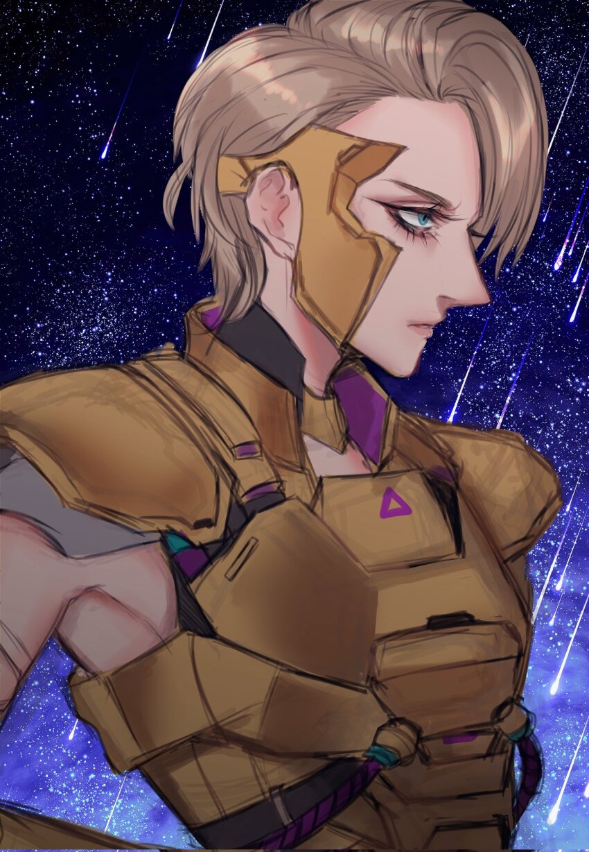 1girl, apex_legends, armor, armpit_peek, blonde_hair, blue_eyes, frown, highres