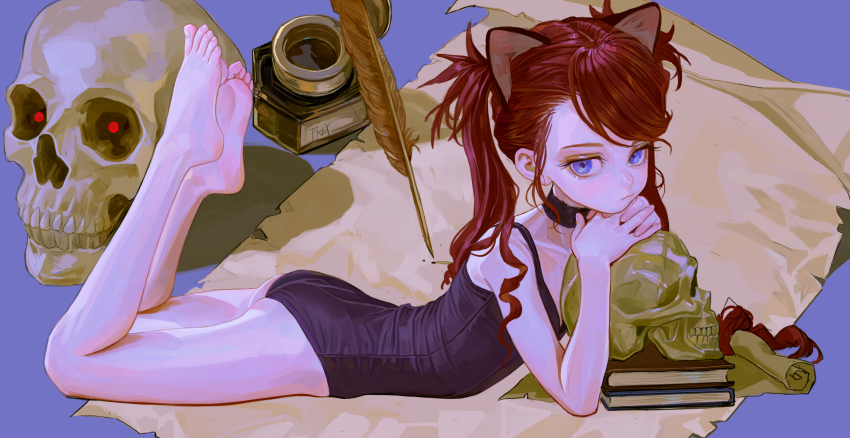 1girl, animal_ear_fluff, animal_ears, artist_name, ass, bare_arms, bare_legs, bare_shoulders, barefoot, black_choker, blue_background, blue_eyes, blue_one-piece_swimsuit, book, book_stack, breasts, cat_ears, choker, closed_mouth, commentary, competition_school_swimsuit, feet, feet_up, feifei_(fkey), fingernails, fkey, from_side, head_rest, highres, inkwell, interlocked_fingers, lace-trimmed_choker, lace_trim, light_blush, long_hair, looking_at_viewer, lying, on_stomach, one-piece_swimsuit, original, own_hands_together, paper, quill, red_hair, school_swimsuit, simple_background, skull, small_breasts, soles, solo, swept_bangs, swimsuit, untranslatable_commentary, the_pose, toenails, toes, twintails
