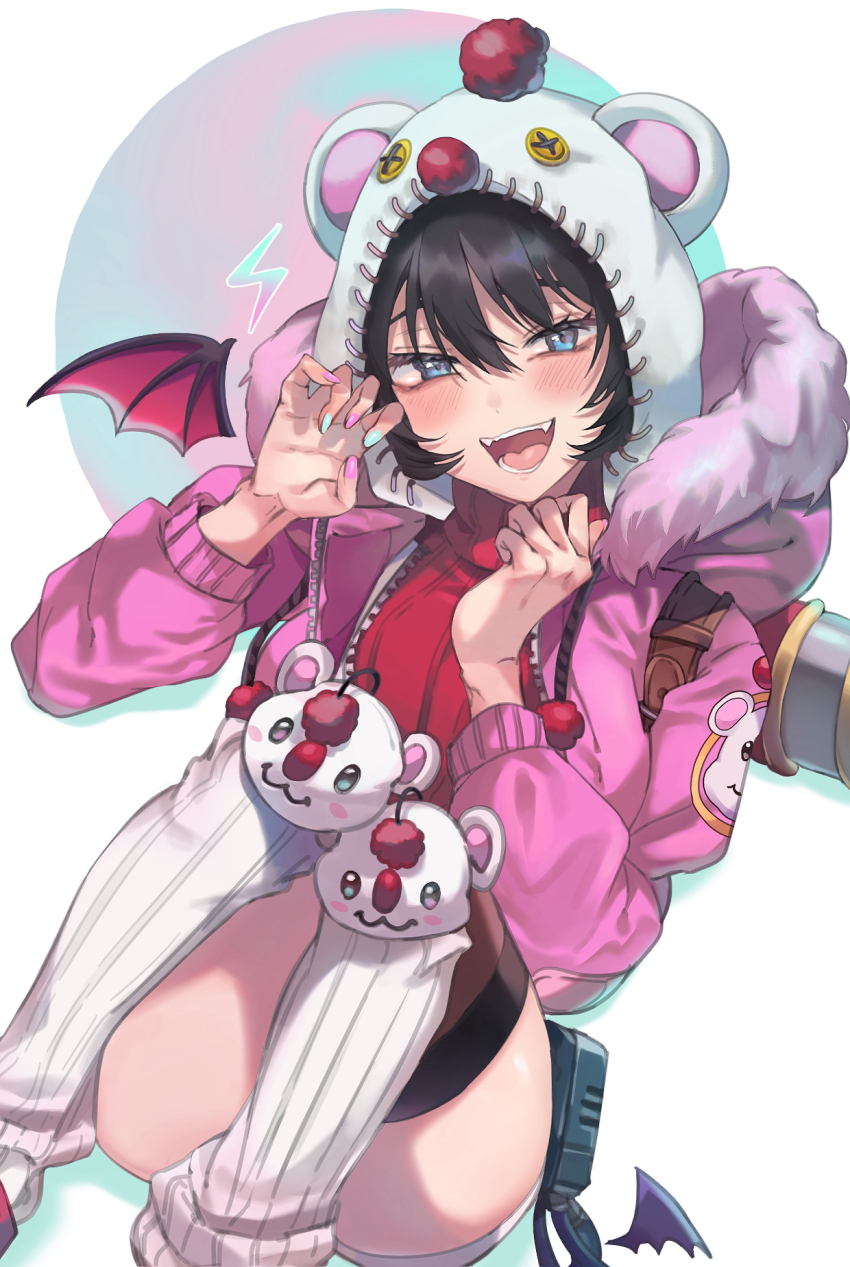 1girl, animal_hood, animification, apex_legends, black_hair, black_thighhighs, blue_eyes, blue_nails, blush, breasts, claw_pose, cosplay, detached_wings, final_fantasy, final_fantasy_vii, final_fantasy_vii_rebirth, final_fantasy_vii_remake, fur-trimmed_jacket, fur_trim, head_tilt, highres, hood, hood_down, hood_up, jacket, kayanogura, kneehighs, kupo_power_wattson, lightning_bolt_symbol, medium_breasts, moogle, moogle_(cosplay), official_alternate_costume, official_art, open_mouth, pink_jacket, pink_nails, red_sweater, sitting, smile, socks, solo, sweater, thighhighs, thighs, wattson_(apex_legends), white_socks, wings