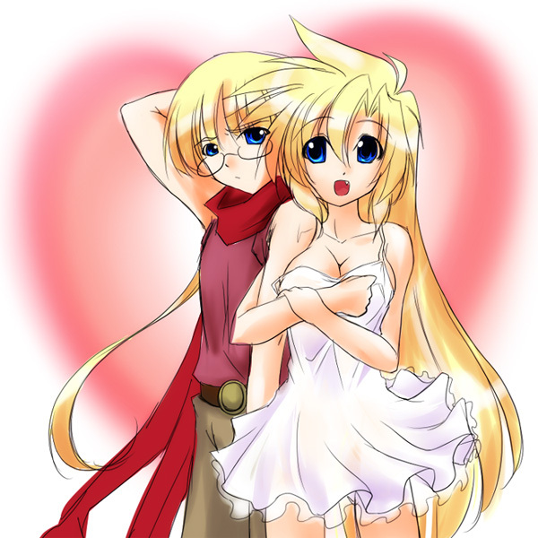 1boy, 1girl, bare_shoulders, blonde_hair, blue_eyes, breasts, brother_and_sister, child