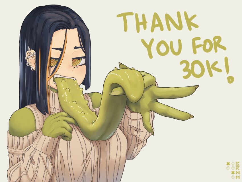 1girl, @_@, absurdres, barbed_tongue, barbell_piercing, breasts, brown_sweater, clothing_cutout, colored_skin, colored_tongue, commentary, earrings, english_commentary, green_eyes, green_skin, green_tongue, grmm, highres, jewelry, large_breasts, long_hair, long_tongue, looking_at_viewer, milestone_celebration, multicolored_skin, multiple_earrings, original, piercing, redrawn, reptile_girl, ribbed_sweater, shoulder_cutout, solo, sweater, teeth, thank_you, tili_(grmm), tongue, tongue_out, turtleneck, turtleneck_sweater, two-tone_skin, very_long_tongue