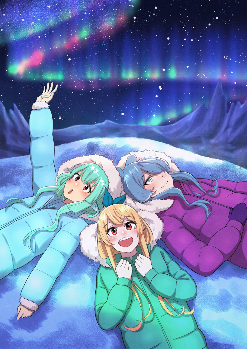 3girls, absurdres, antarctica, aqua_eyes, aqyas_muzamil, aurora, blonde_hair, blue_hair