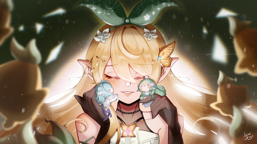 3girls, black_gloves, blonde_hair, bow, brooch, butterfly_brooch, closed_eyes, elbow_gloves