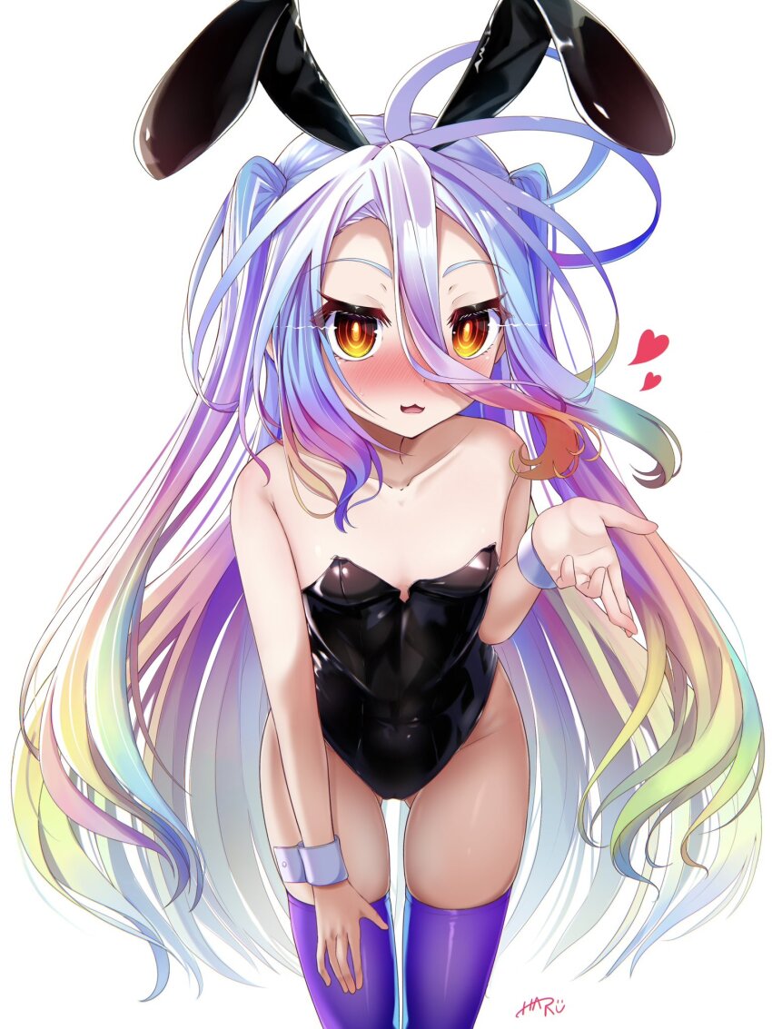 1girl, :3, alternate_costume, alternate_hairstyle, animal_ears, bare_shoulders, black_leotard, blowing_kiss, blue_hair, blush, breasts, collarbone, commentary, embarrassed, eyelashes, fake_animal_ears, feet_out_of_frame, floating_hair, fusen_haru, gluteal_fold, gradient_hair, green_hair, groin, hair_between_eyes, hand_on_own_thigh, hand_up, heart, highleg, highleg_leotard, highres, leaning_forward, leotard, loli, long_hair, looking_at_viewer, multicolored_hair, no_game_no_life, nose_blush, open_mouth, pink_hair, playboy_bunny, purple_thighhighs, rabbit_ears, ringed_eyes, shiro_(no_game_no_life), signature, simple_background, small_breasts, smile, solo, standing, strapless, strapless_leotard, sweatdrop, thighhighs, two_side_up, very_long_hair, white_background, white_wrist_cuffs, wrist_cuffs, yellow_eyes