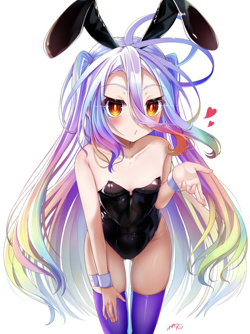 1girl, alternate_costume, alternate_hairstyle, animal_ears, bare_shoulders, black_leotard, blowing_kiss, blue_hair, blush, breasts, collarbone, commentary, eyelashes, fake_animal_ears, feet_out_of_frame, floating_hair, fusen_haru, gluteal_fold, gradient_hair, green_hair, groin, hair_between_eyes, hand_on_own_thigh, hand_up, heart, highleg, highleg_leotard, highres, leaning_forward, leotard, loli, long_hair, looking_at_viewer, multicolored_hair, no_game_no_life, o3o, pink_hair, playboy_bunny, puckered_lips, purple_thighhighs, rabbit_ears, ringed_eyes, shiro_(no_game_no_life), signature, simple_background, small_breasts, solo, standing, strapless, strapless_leotard, thighhighs, two_side_up, very_long_hair, white_background, white_wrist_cuffs, wrist_cuffs, yellow_eyes