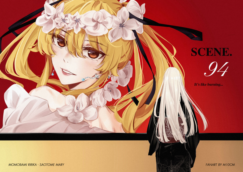 2girls, absurdres, aqua_lips, billboard, blonde_hair, blush, earrings, flower