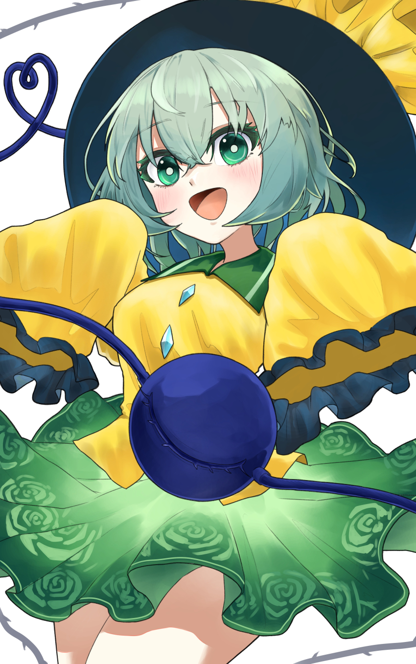 1girl, :d, absurdres, bebebel_a, black_hat, blush, bright_pupils, buttons, colored_eyelashes, commentary, cowboy_shot, crossed_bangs, diamond_button, floating_clothes, floral_print, frilled_shirt_collar, frilled_sleeves, frills, green_eyes, green_skirt, hair_between_eyes, happy, hat, heart, heart_of_string, highres, komeiji_koishi, long_sleeves, looking_at_viewer, open_mouth, rose_print, shirt, short_hair, simple_background, skirt, sleeves_past_fingers, sleeves_past_wrists, smile, solo, third_eye, touhou, white_background, white_pupils, wide_sleeves, yellow_shirt